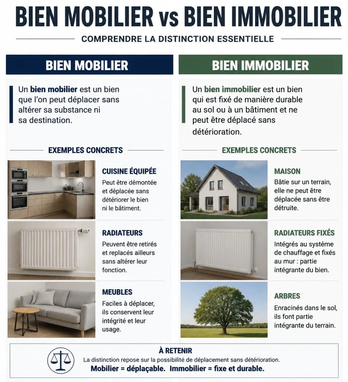 Infographie comparative : distinction entre bien mobilier et bien immobilier pour la gestion de patrimoine