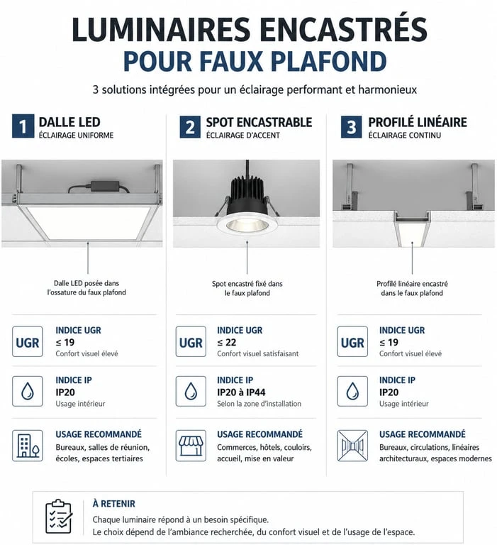 Comparatif technique des solutions d'éclairage pour faux plafond : dalles LED, spots et profilés