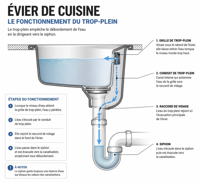 Schéma de fonctionnement du trop-plein d'évier de cuisine