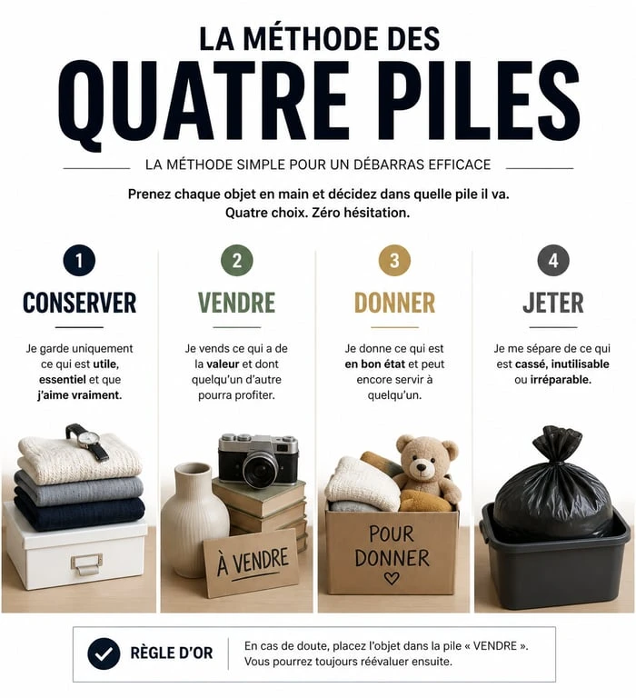Infographie de la méthode des quatre piles pour le vidage maison