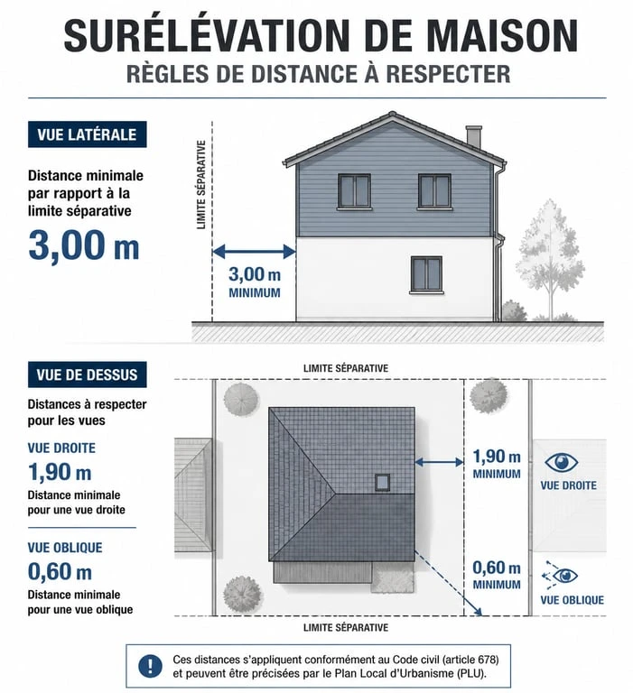 Infographie des distances légales pour un projet de surélévation de maison et voisinage