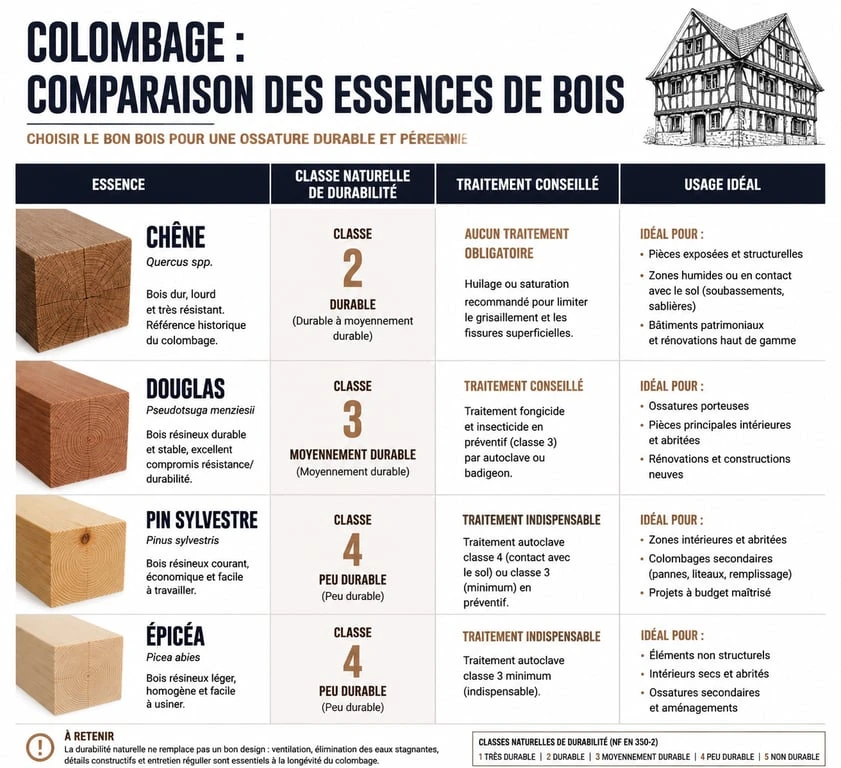 Comparatif des essences de bois pour colombage et leurs caractéristiques techniques
