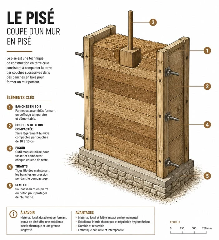 Schéma technique de la construction d'un mur en pisé avec banches et compactage