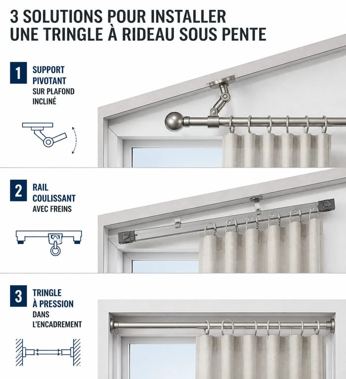 Schéma des solutions pour installer une tringle rideau sous pente