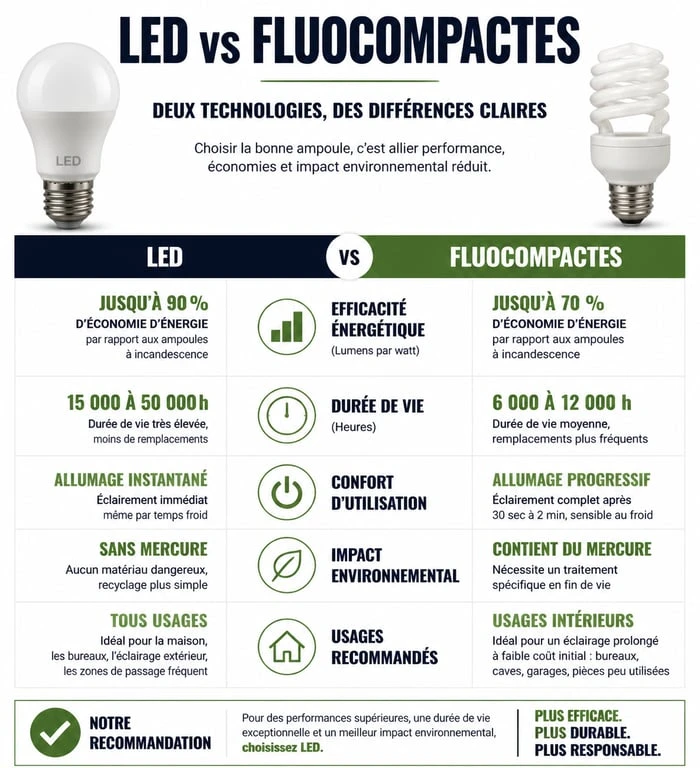 Infographie comparative des ampoules économiques LED et fluocompactes pour choisir son éclairage