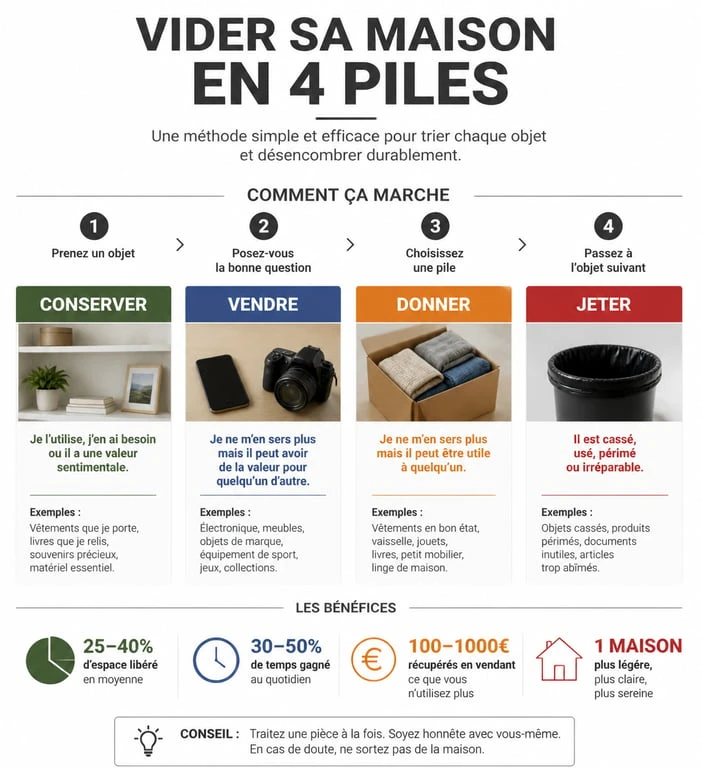 Infographie de la méthode de tri en quatre piles pour vider une maison efficacement