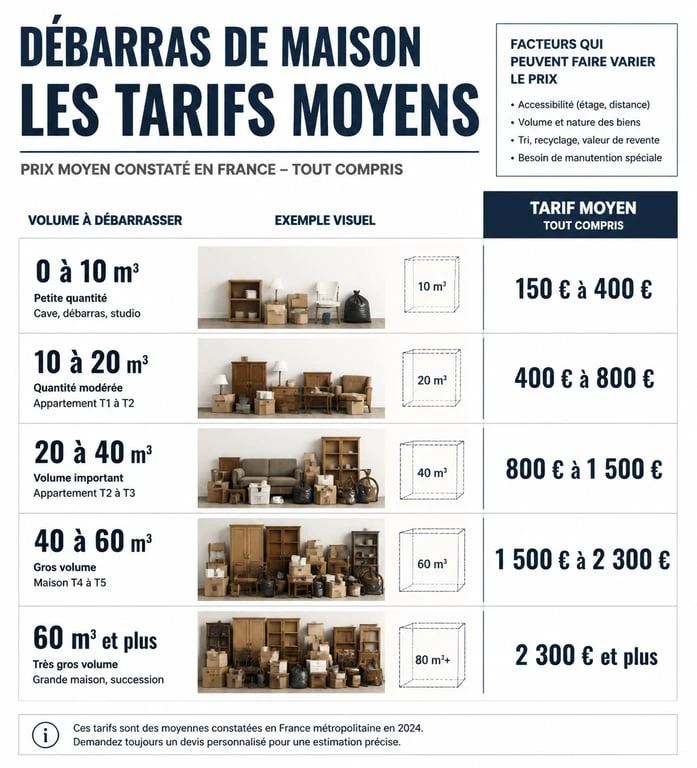Infographie des tarifs de débarras de maison selon le volume et le type de logement