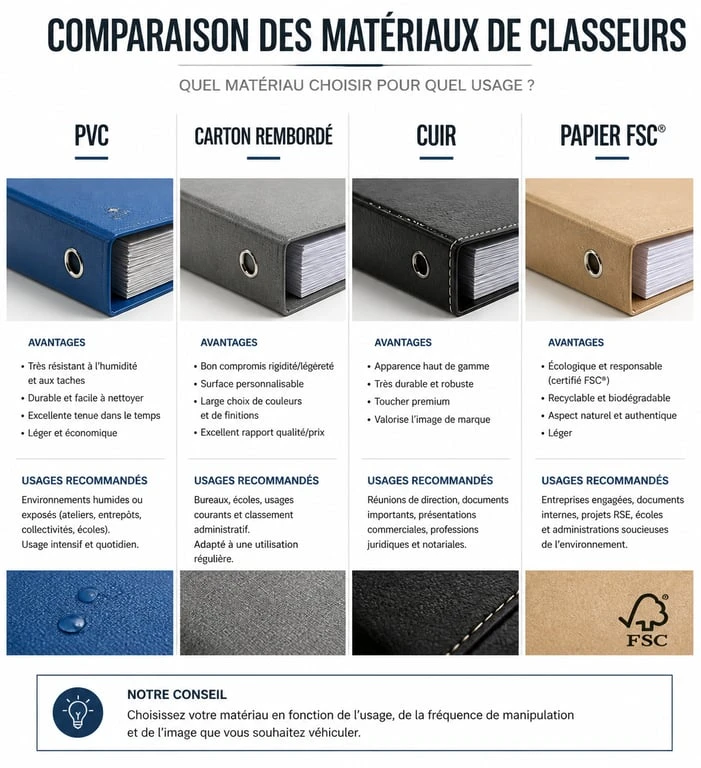 Infographie comparative des matériaux pour organisation classeur