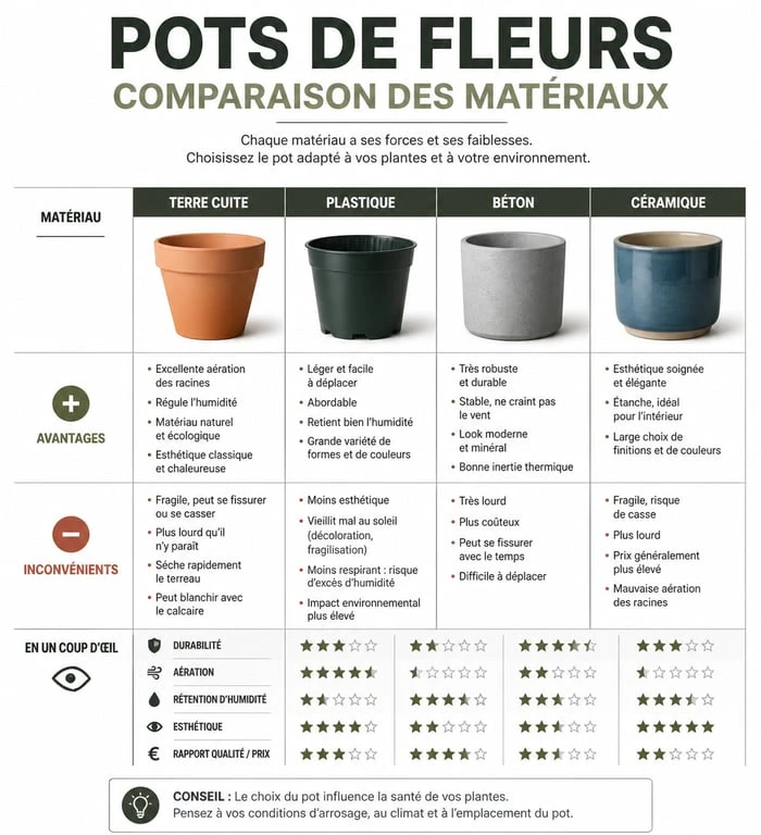 Infographie comparative des matériaux pour pots de fleurs : terre cuite, plastique, béton et céramique.