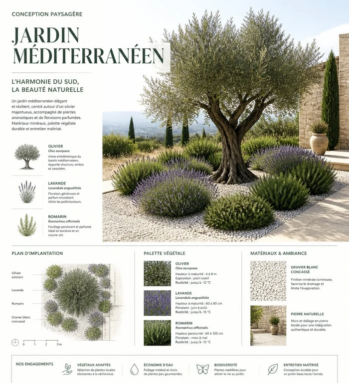 Aménagement paysager d'un olivier dans un jardin méditerranéen avec lavande et paillage minéral