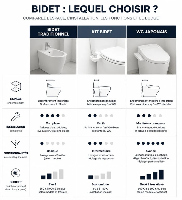 Infographie comparative des solutions bidet toilet bidet : traditionnel, kit et WC japonais