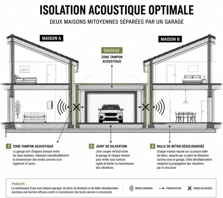 Schéma technique d'une maison mitoyenne par le garage montrant l'isolation acoustique et la dalle désolidarisée.