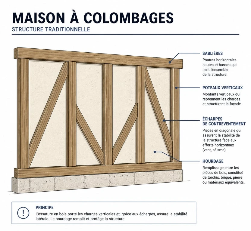 Schéma technique d'une structure de maison à colombages