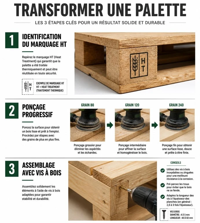 Infographie des étapes de fabrication de meubles en palette : identification, ponçage et assemblage