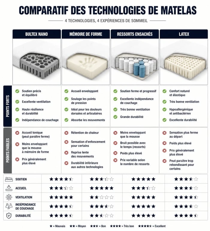 Comparatif des technologies de matelas : avantages et inconvénients des matelas Bultex Nano, mémoire de forme, ressorts et latex.