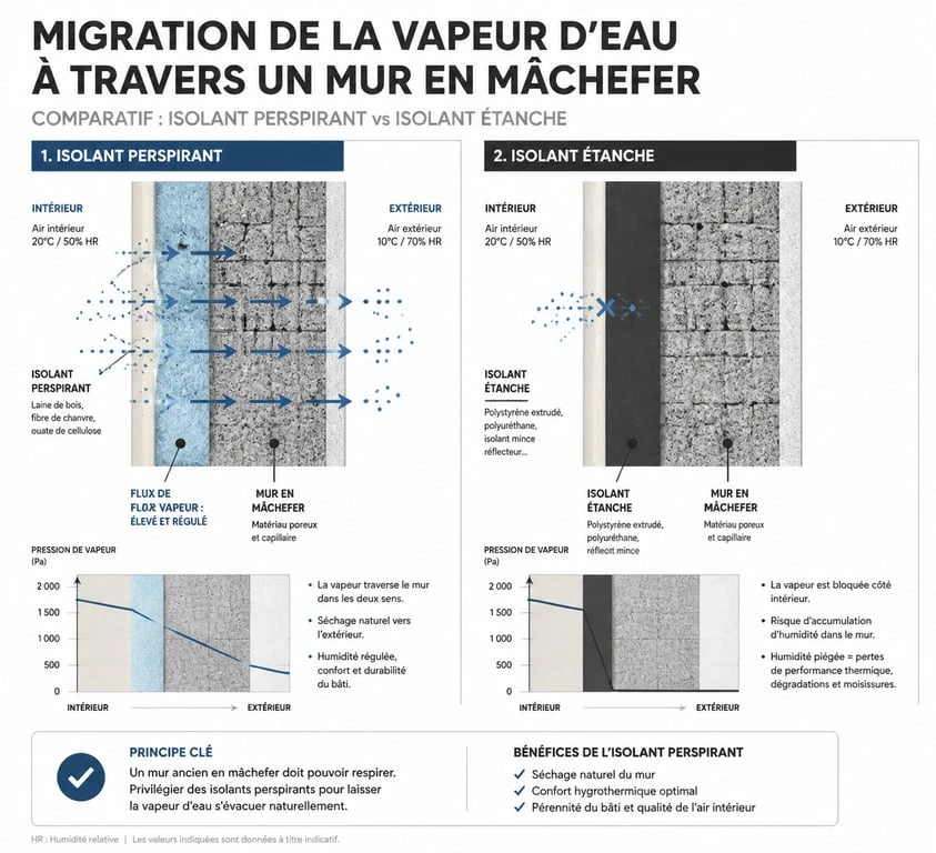 Schéma comparatif de la perméabilité à la vapeur d'eau pour l'isolation d'un mur en mâchefer