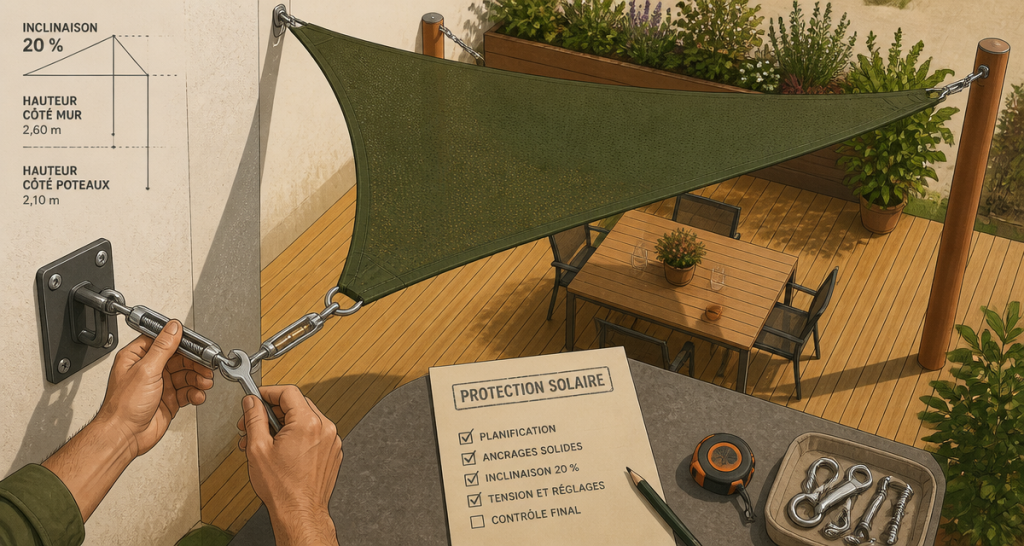 installer voile d'ombrage sur terrasse bois avec ridoir