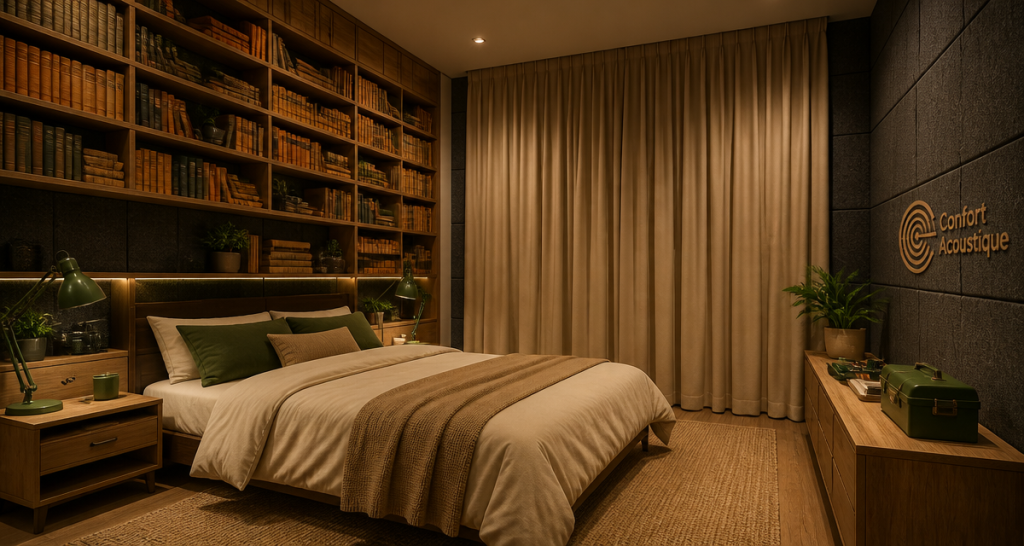 isolation phonique mur chambre sans travaux, panneaux acoustiques, bibliothèque, rideau épais