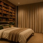 isolation phonique mur chambre sans travaux, panneaux acoustiques, bibliothèque, rideau épais