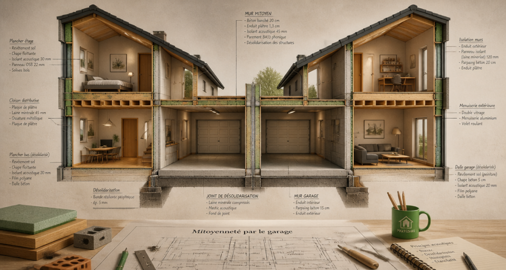 Coupe technique maison mitoyenne par le garage et isolation