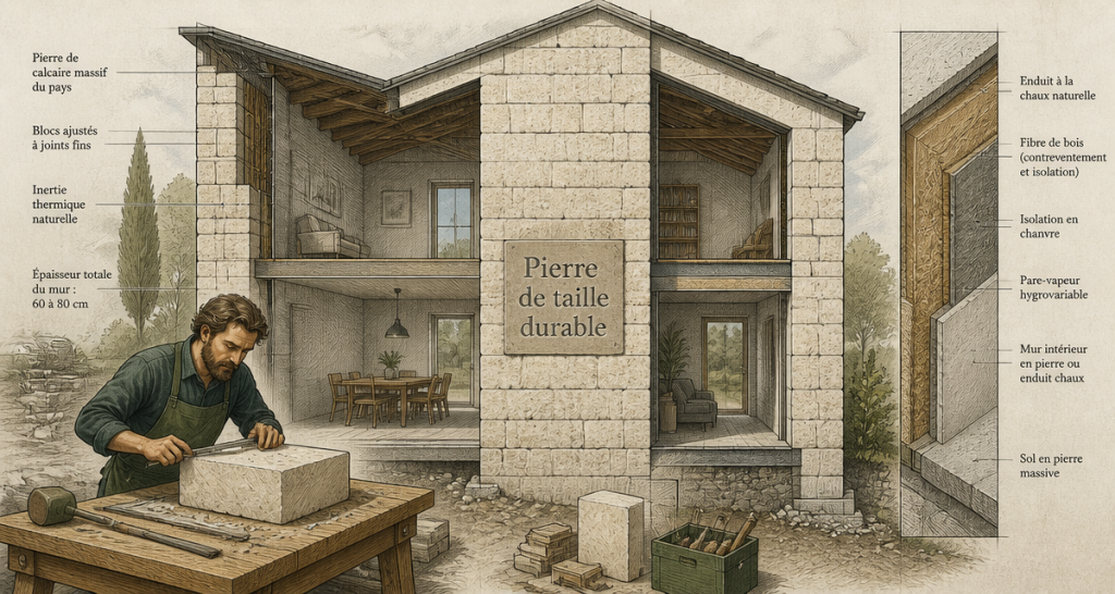 maison pierre de taille vue coupe technique et isolation biosourcée