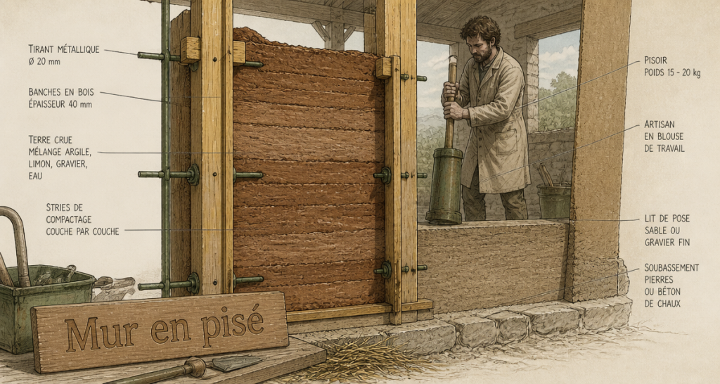 Vue technique mur en pisé en construction