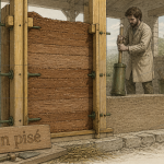 Vue technique mur en pisé en construction