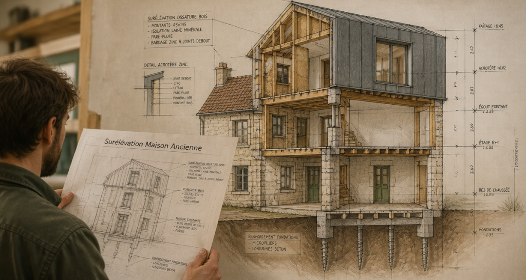 surélévation maison ancienne coupe technique ossature bois