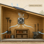 ventilateur panneau solaire installé sur toit abri de jardin
