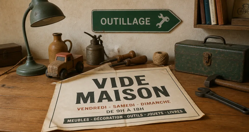 affiche vide maison sur table avec objets anciens