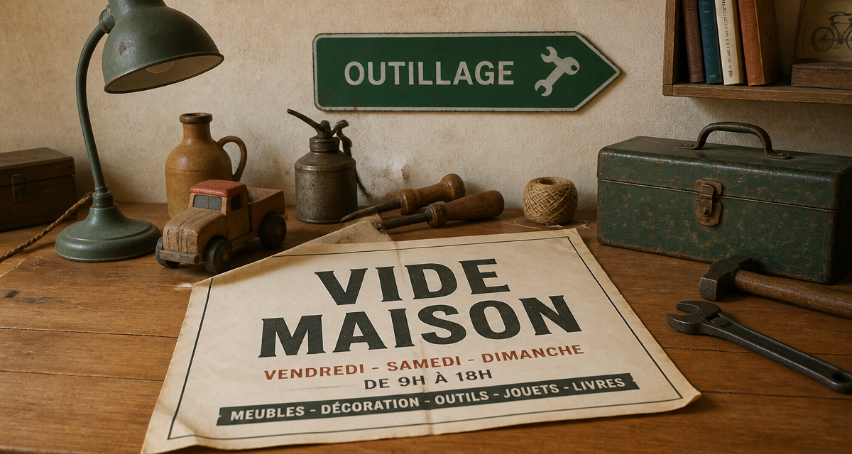 affiche vide maison sur table avec objets anciens