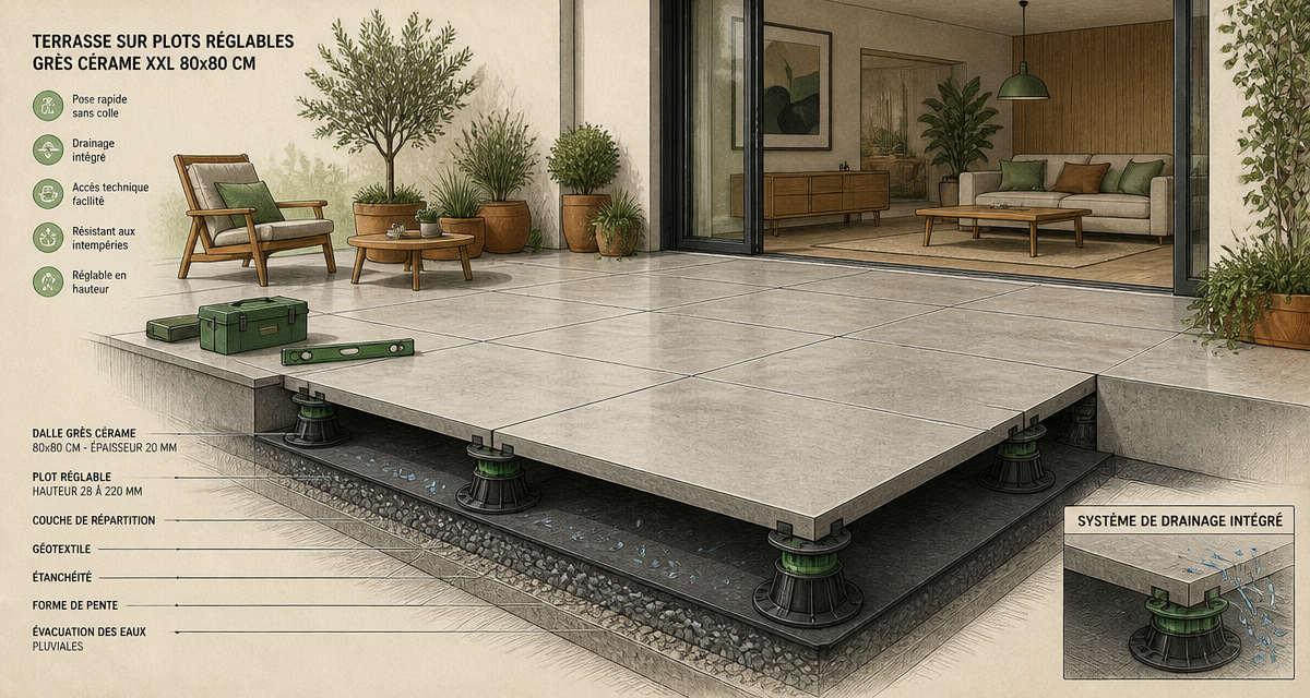 carrelage terrasse moderne posé sur plots réglables