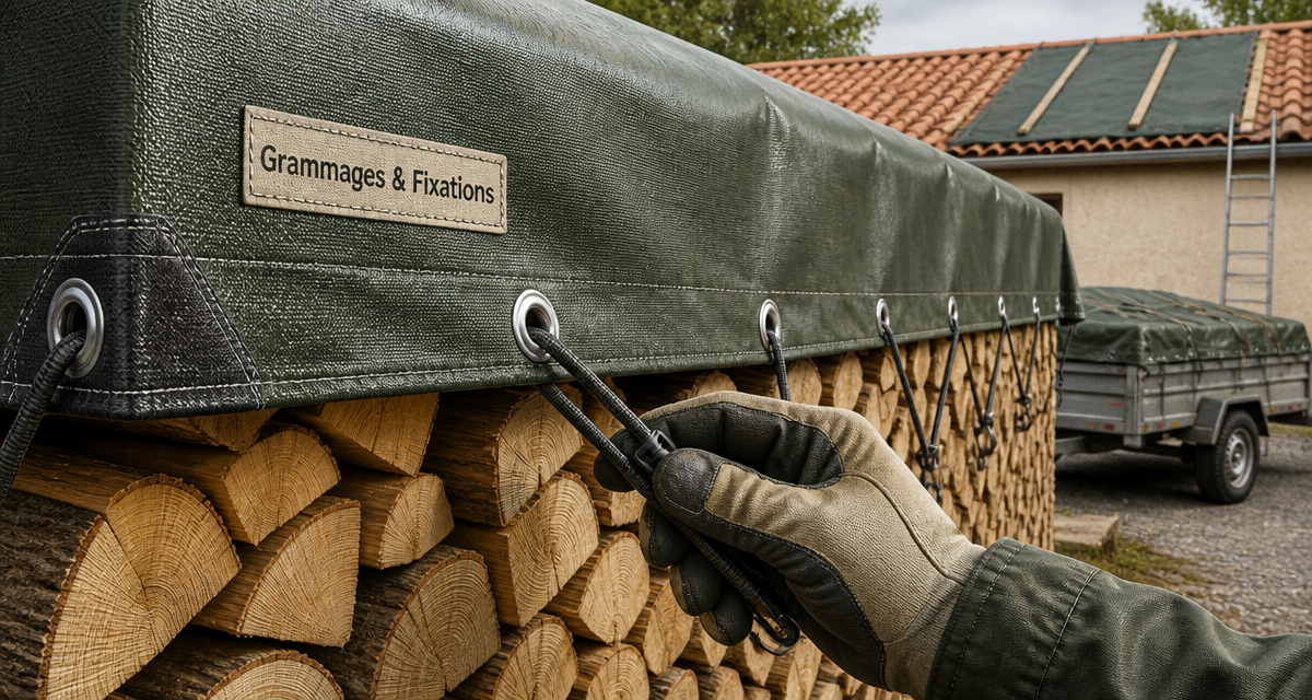 une bâche de protection bien fixée sur bois extérieur