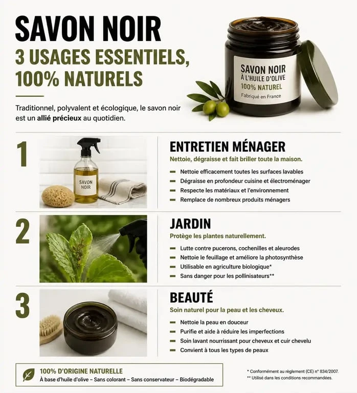 Infographie sur les différentes utilisations du savon noir : maison, jardin et beauté