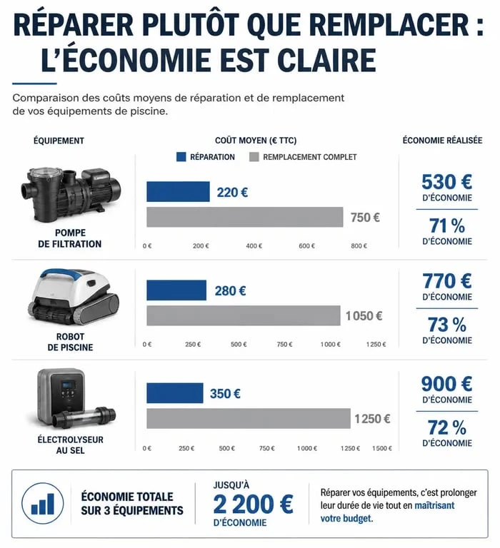 Infographie comparative coût réparation vs remplacement équipement piscine webpiscine