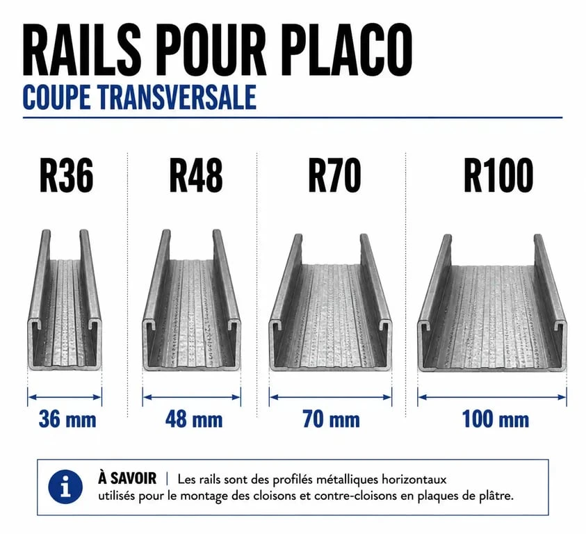 Schéma comparatif des largeurs de rails pour placo R36, R48, R70 et R100 pour l'ossature métallique