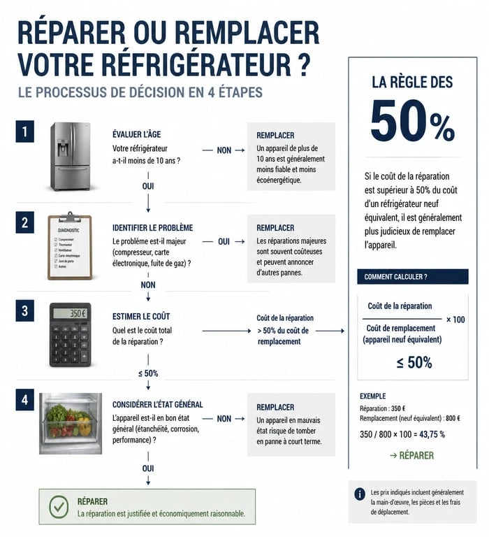 Infographie sur la décision de réparer ou remplacer son frigo avec un depanneur frigo