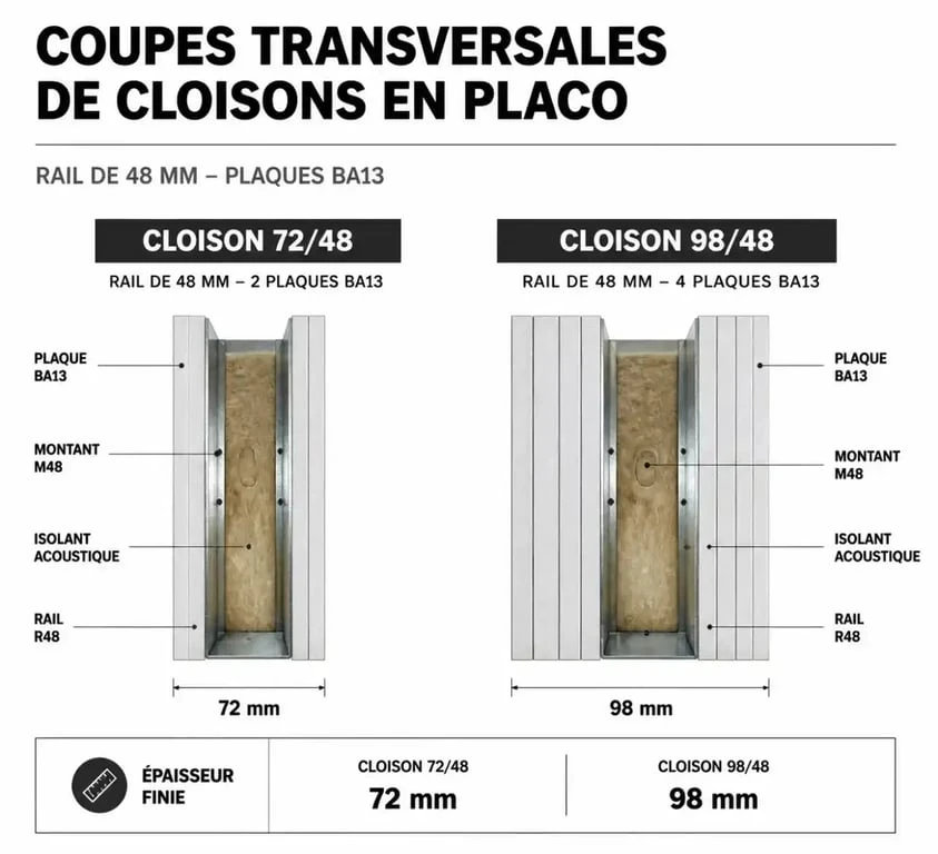 Schéma comparatif des épaisseurs de cloison placo avec rail 72/48 et 98/48