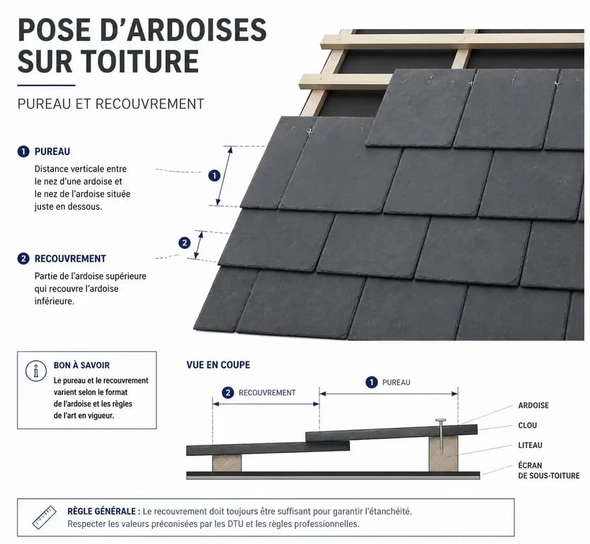 Schéma explicatif du calcul du pureau et du recouvrement pour la pose d'ardoises au m2