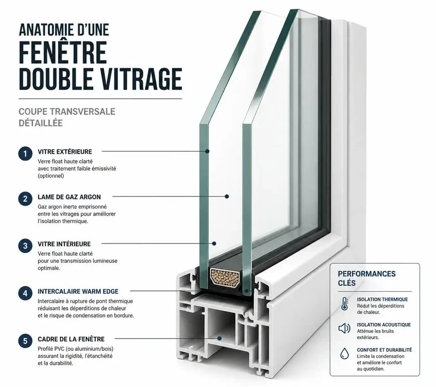 Schéma technique d'une fenêtre double vitrage sur mesure montrant la composition des verres et de l'intercalaire