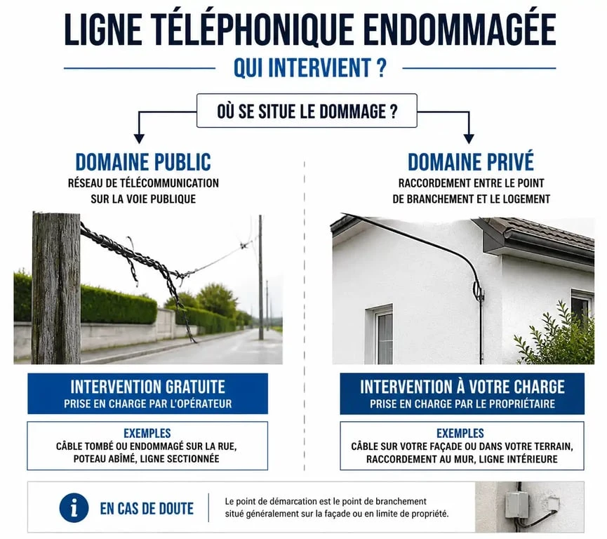 Schéma explicatif des responsabilités pour la réparation d'une ligne téléphonique extérieure : domaine public vs domaine privé.