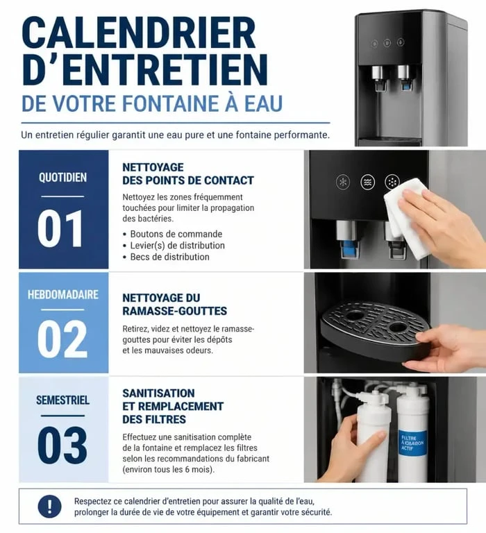 Calendrier d'entretien pour fontaine à eau : guide des étapes quotidiennes, hebdomadaires et semestrielles pour une hygiène optimale.