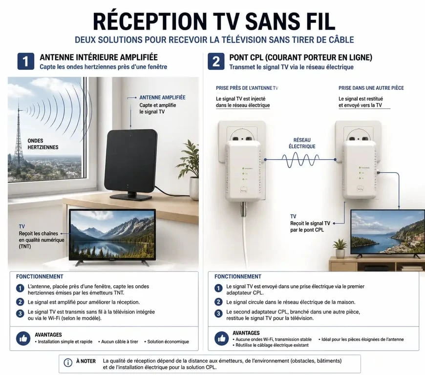Schéma technique comparant le fonctionnement d'une antenne intérieure amplifiée et d'un transmetteur CPL pour la réception TNT sans fil.