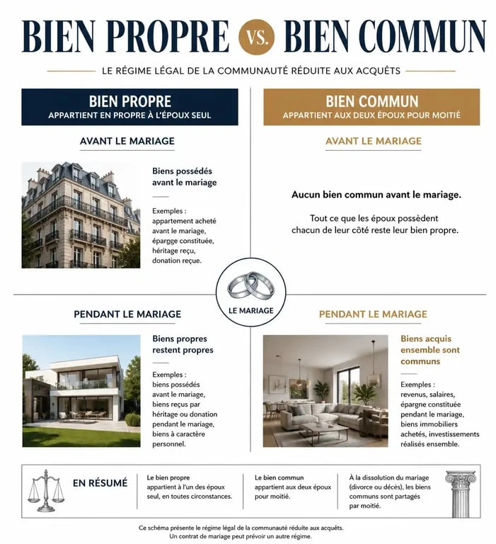 Schéma explicatif des différences entre bien propre et bien commun pour un couple marié