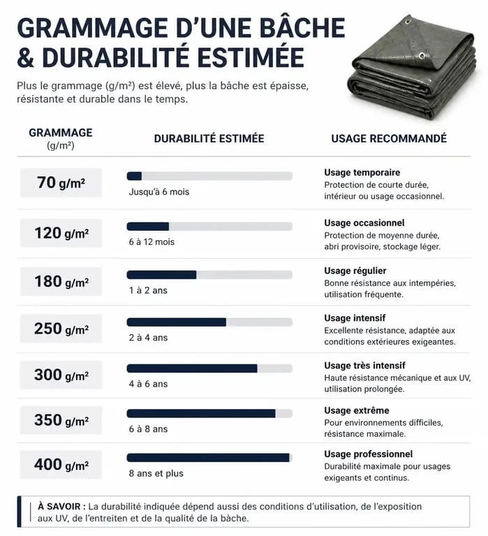 Infographie comparative des grammages de bâches de protection et leurs usages recommandés