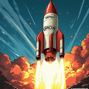 Raumschiff mit "Vengo Grow" Logo, startet in den Himmel – innovative Pflanzenwachstumsprodukte.