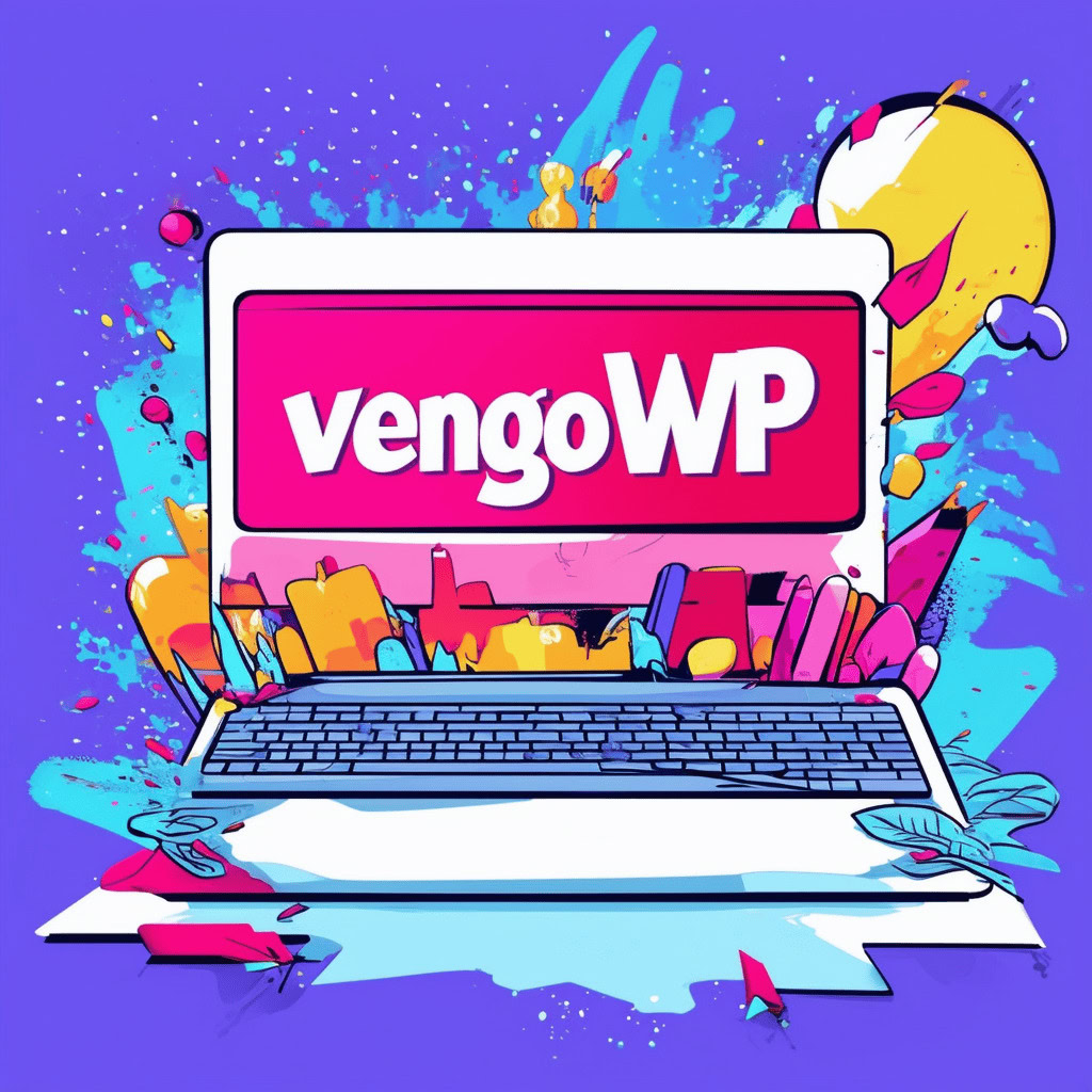 Logotipo de VengoWP en una ilustración colorida y creativa con una computadora portátil y salpicaduras de pintura.