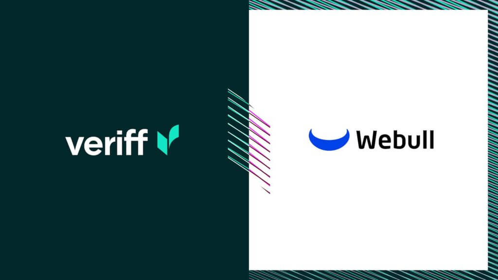 Logos of Veriff and Webull, positioned side-by-side on a dark background with geometric designs.