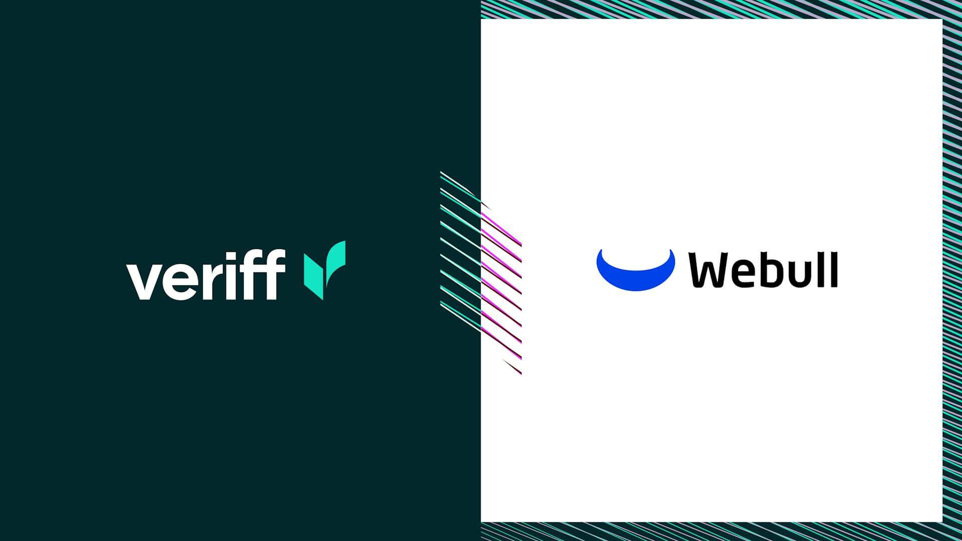 Logos of Veriff and Webull, positioned side-by-side on a dark background with geometric designs.