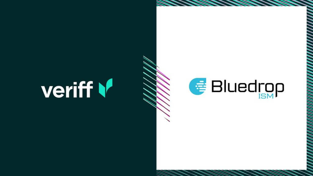 Two logos: Veriff in green and Bluedrop in blue, both set on a teal and white striped background.